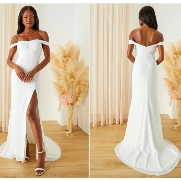 LULU's Bridal Chiffon White Off-the-Shoulder Flowy Romantic Gown •  NWOT - Picture 1 of 4